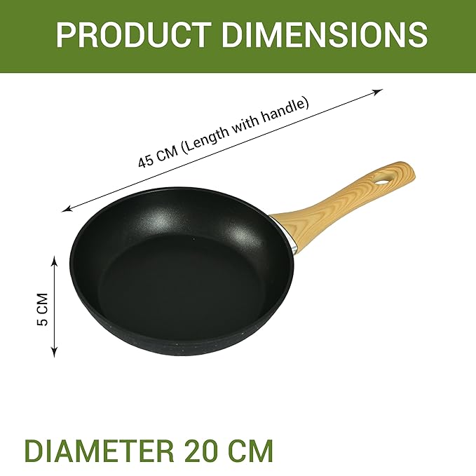 Femora Foged Die Cast Aluminium Non Stick 20 Cm Frypan With Wood Finish Handle | Granite Finish | Induction & Gas Ready