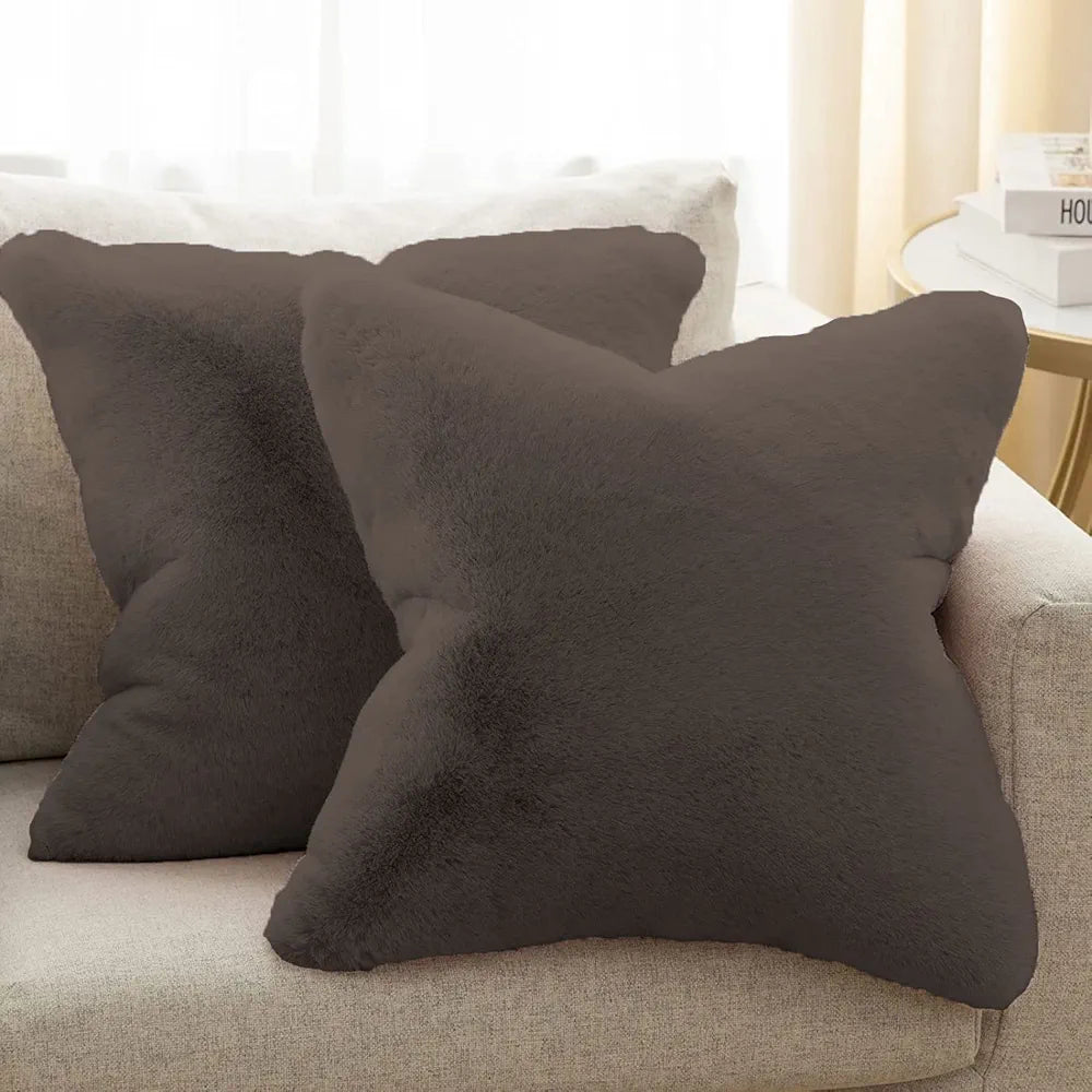 Luxe Home Cushion Cover One Side Rabbit Fur Plain Design Covers Set of 2 Colour Cocoa