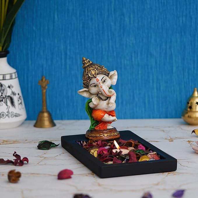 Ecraftindia Polyresin Baal Ganesh Dancing Showpiece With Rectangle Wooden Base Plate | Fragranced Petals & Tealight