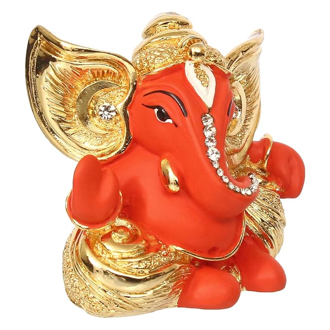 Ecraftindia Golden and Orange Polyresin Lord Ganesha Idol | Sacred Gift for Lord Ganesha Devotees