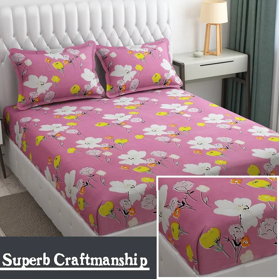 Fresh From Loom Floral Design Bed Spread With Pillow Covers Hypo-Allergenic Microfiber King Bedsheet For Double Bed Wrinkle Free Bedsheets Bedcover 144 TC Punch Pink