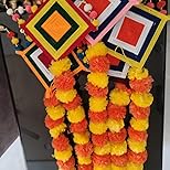 Handmade Artificial Marigold Fluffy Flowers Colorful Woolen Kite Bells Hangings 39 Inches Pack of 6