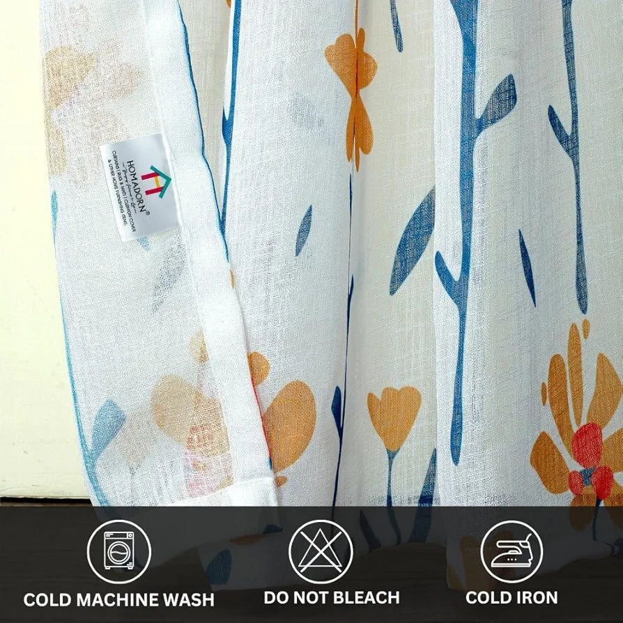Homadorn Linen Sheer Printed Semi Transparent Curtains for Window Set of 2 Colour Yellow Sunshine