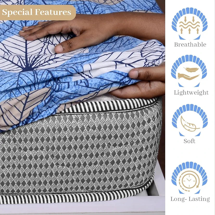 Divine Casa 144 TC Cotton Fitted Bedsheet for King Bed 100% Cotton Floral Blue Elastic Fit Everyday Use Bedsheet