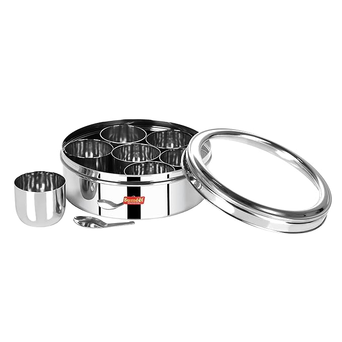 Sumeet Stainless Steel Round Masala (Spice) BoxOrganiser with See Through Lid With 7 Containers