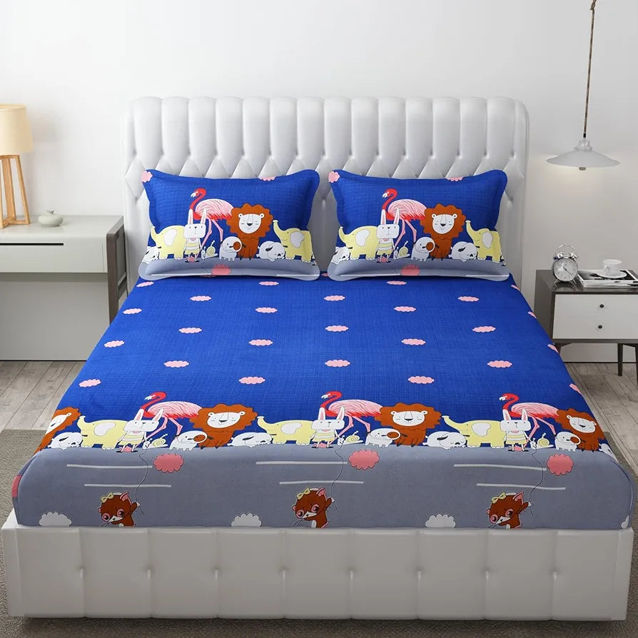 Fresh From Loom Elastic Fitted Cartoon Printed Bedsheets for Kids with 2 Pillow Jungle Blue Double Bed 300 TC
