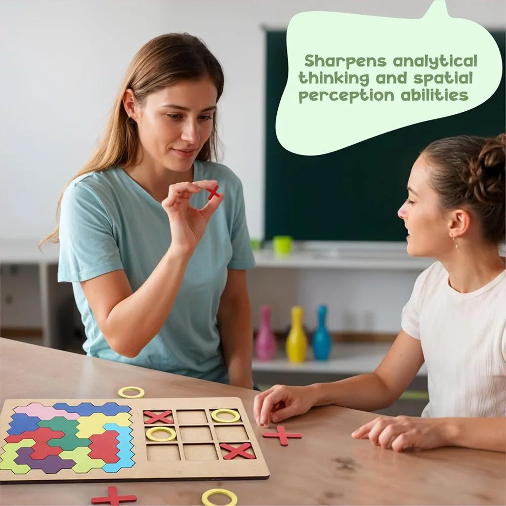 SPARTAN KIDS® 3D Wooden Hexagon Puzzle & Classic Tic Tac Toe Game - Montessori Educational Toy for Kids, Creative Shape Pattern Block, Two-in-One Early Learning Toy