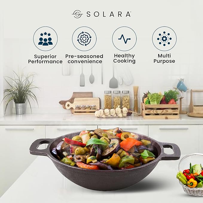 Solara Pre Seasoned Cast Iron Kadhai | 20 Cm | 1.8 Kg | Naturally Nonstick Cast Iron Kadai With Flat Handles | 1.7 Litres