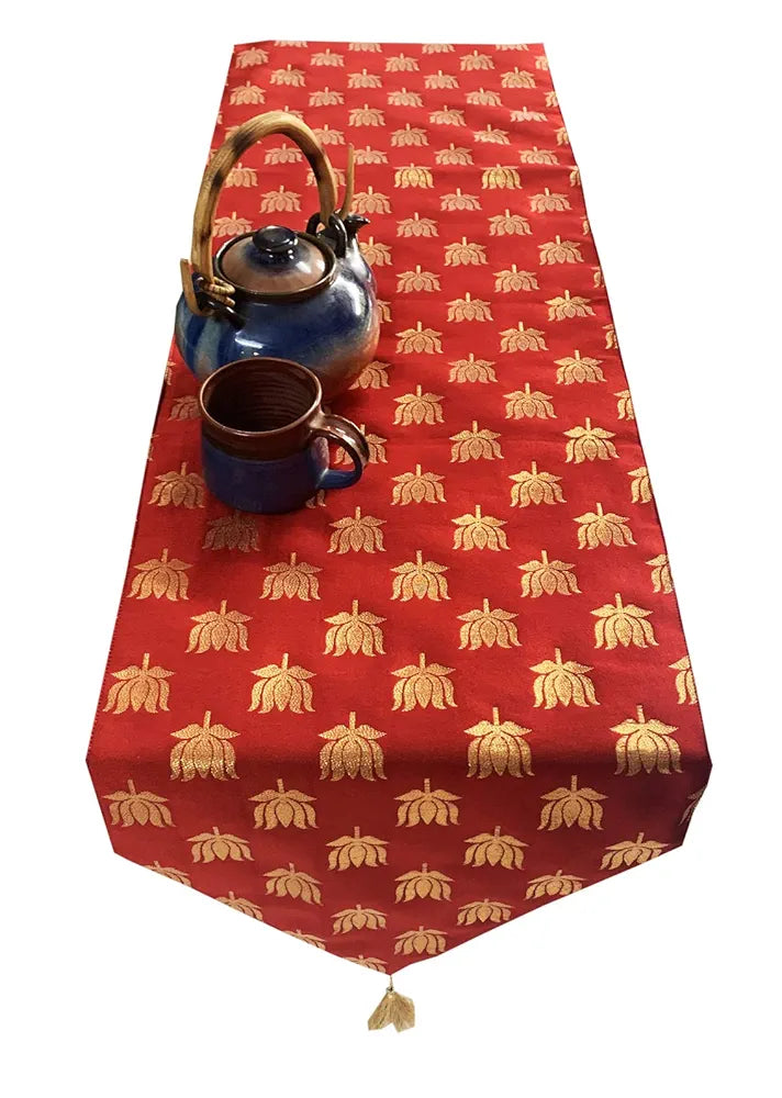 Pink Parrot Vireo- Dopian Silk Jacquard Table Runner Red
