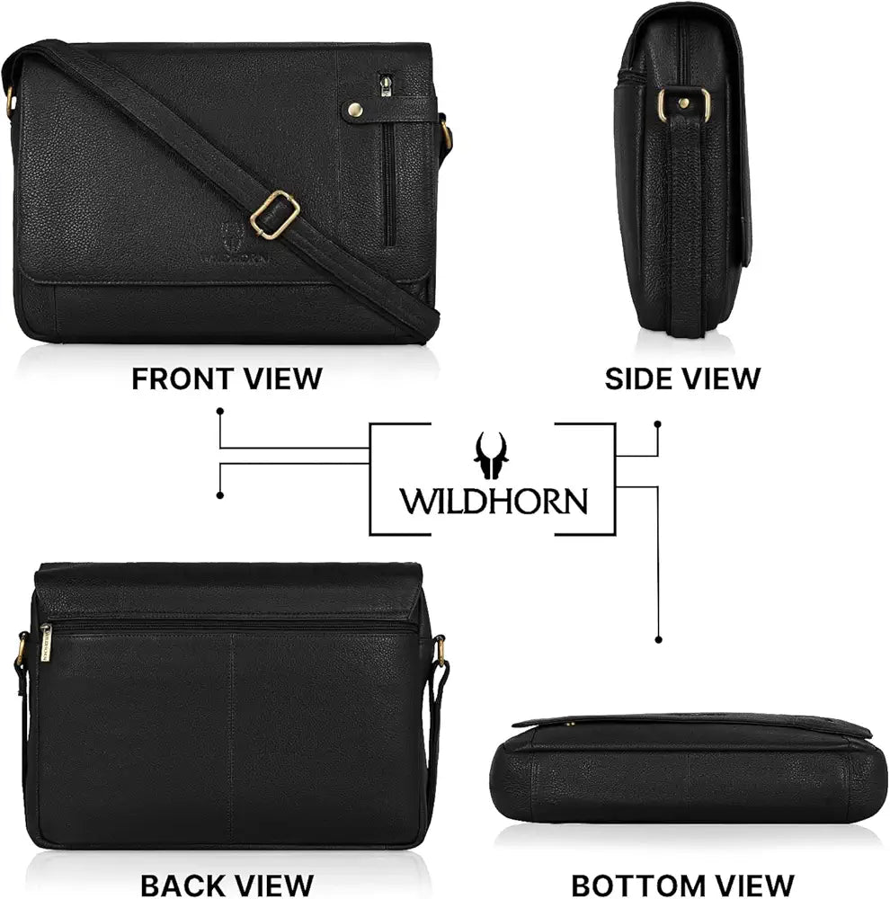 WildHorn Leather Messenger Bag for Men/Office Bag for Men I Padded Laptop Compartment with Adjustable Strap I DIMENSION : L-15 inch W-3 inch H-12 inch