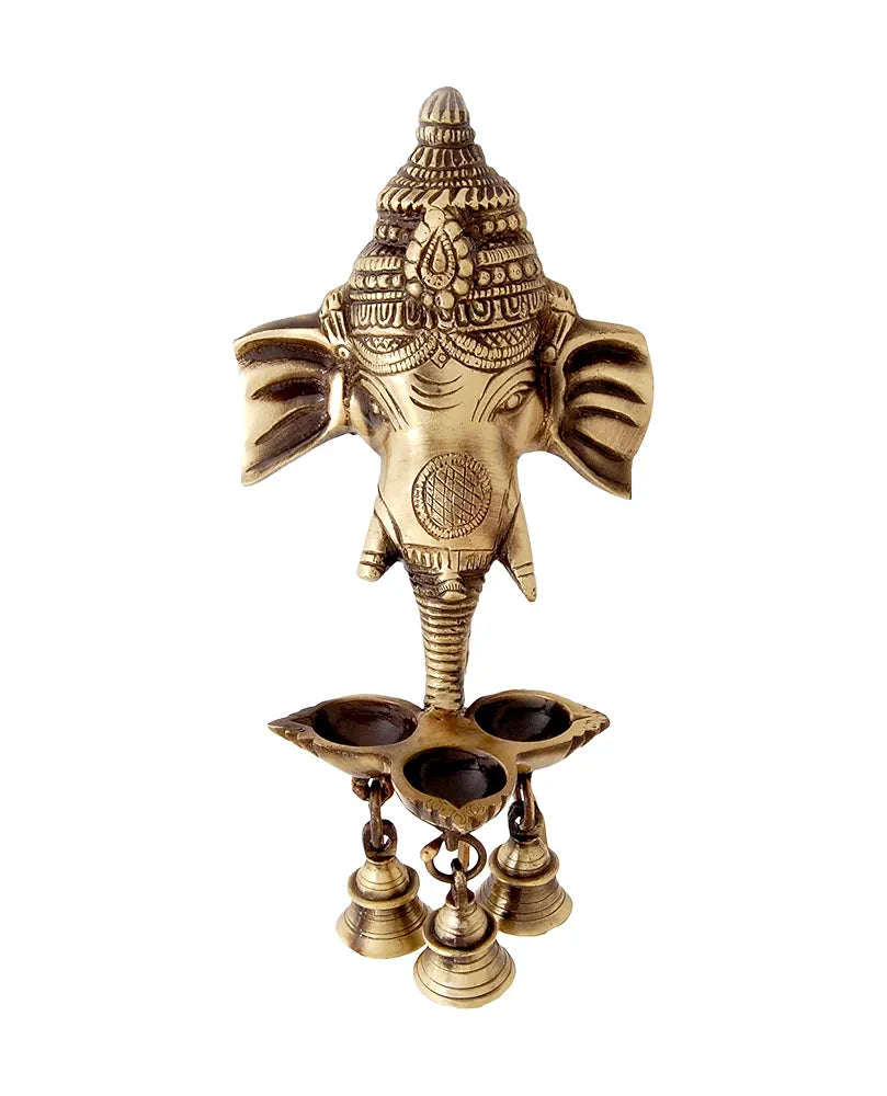 Two Moustaches Brass Ganesha Wall Hanging Diya with Bells