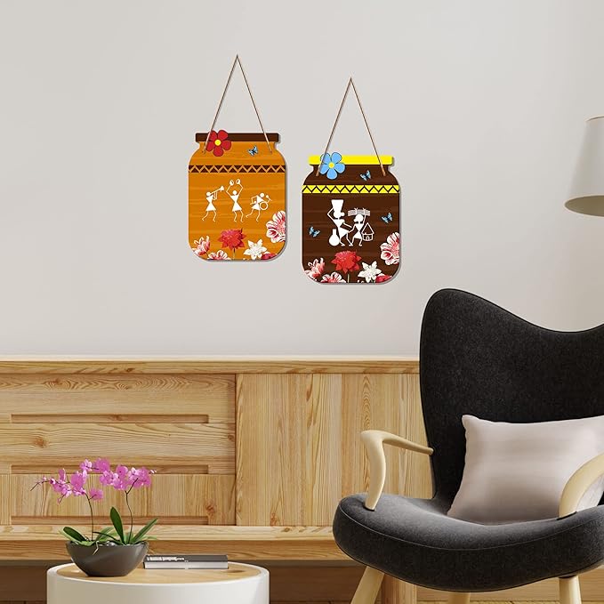 Artvibes Warli Art Decorative Wall Art Mdf Wooden Wall Hanger Ornaments for Living Room | Set of 2