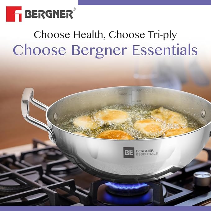 Bergner Be Essential Triply Stainless Steel 28 Cm Extra Deep Kadai | Indian Wok | 4 L Kadhai