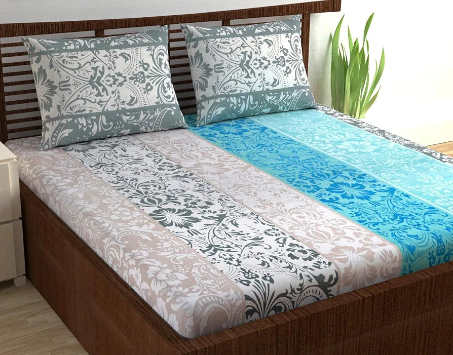 Divine Casa Double Size Bedsheet for Double Bed 144 TC Pure Cotton Queen Size with 2 Pillow Covers Floral Colour Grey & Blue