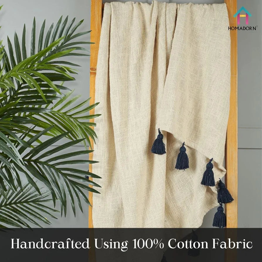 Homadorn 100% Cotton Off White Throw Blanket with Handmade Colorful Tassel Colour Navy Blue