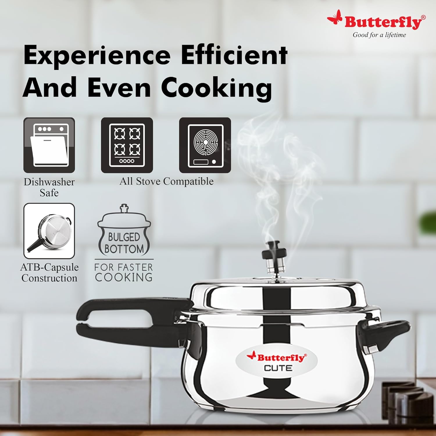 Butterfly Cute Ss Induction Compatible Outer Lid Stainless Steel Pressure Cooker With Glass Lid 3 Liter | Silver