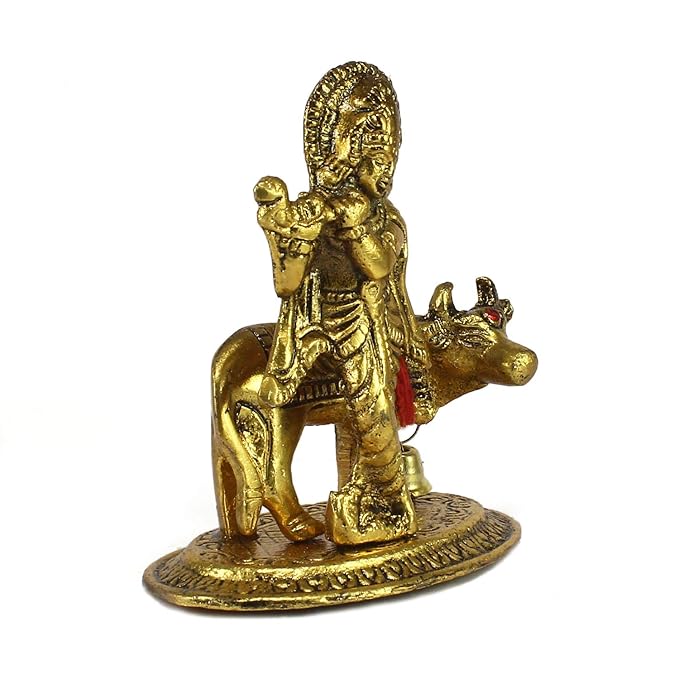 Ecraftindia  Lord Krishna Playing Flute With Golden Cow Showpiece | Metal | Golden