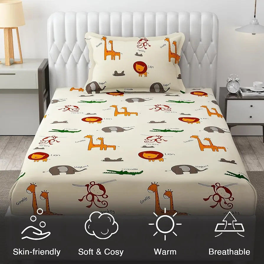 Fresh From Loom Glace Cotton Wrinkle Free Soft Hypoallergenic Bed Sheet Cartoon Printed Single Bedsheet Bedsheet with 1 Pillow Cover 144 TC Multi-Color 2