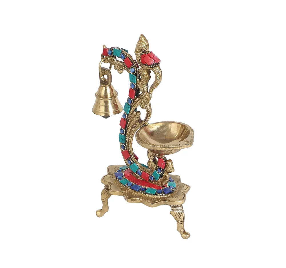 Two Moustaches Gemstone Work Ethnic Carved Peacock Design Brass Diya with Bell