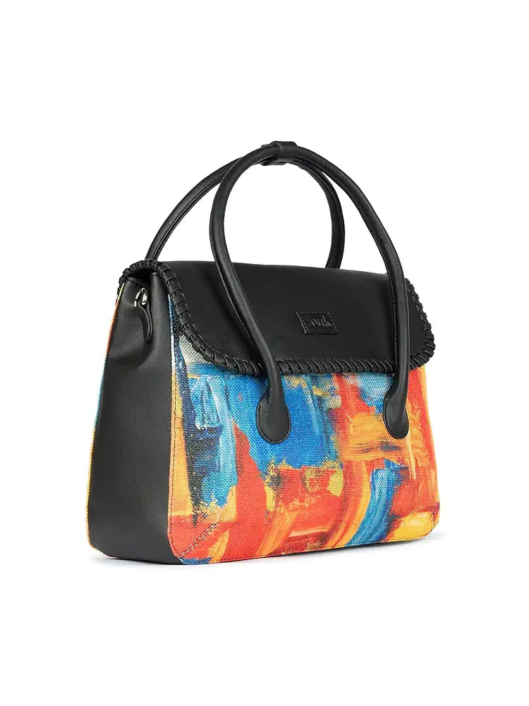 Zouk Printed Jute Handcrafted Vegan Leather & Jute Multicolor Women's Satchel Bag