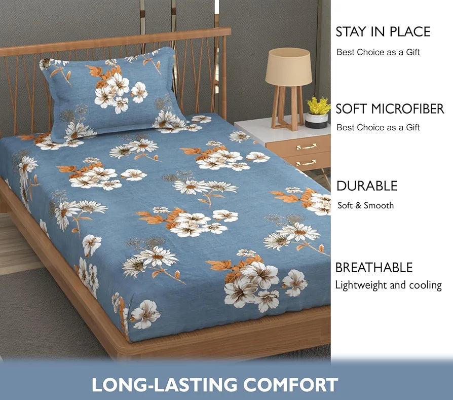 Fresh From Loom Floral Print Single Bed Bedsheet Set Microfiber 240 TC 1 Pillow Covers Soft-Cyan