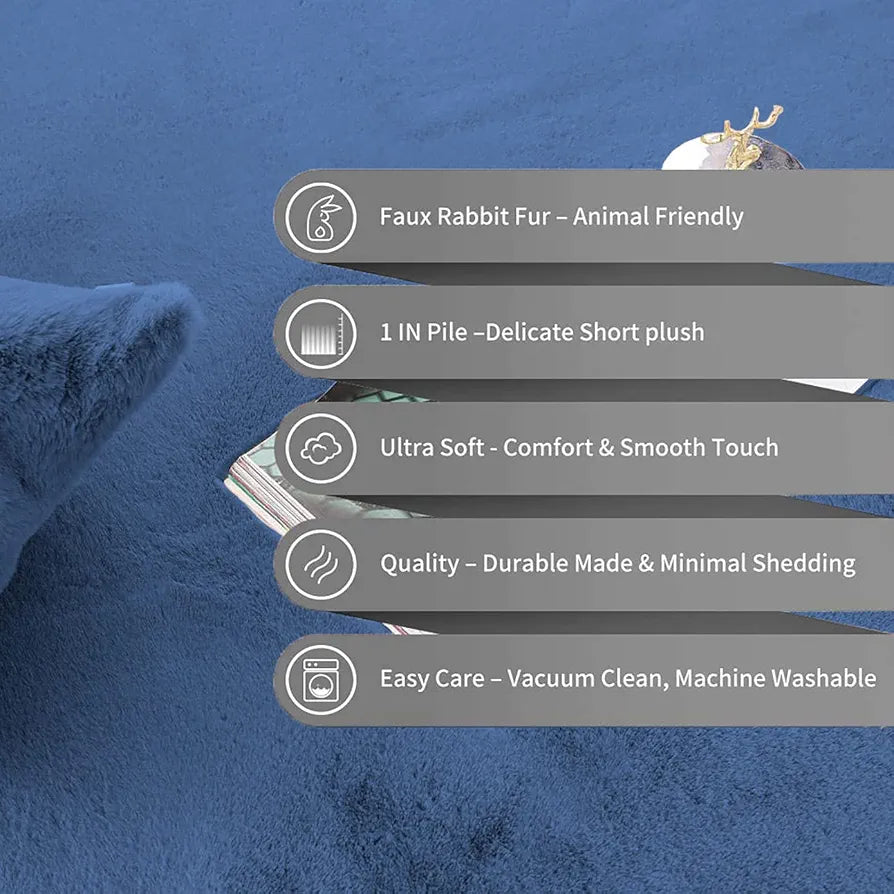 Luxe Home International Ruffle Bath Mat Rabbit Fur 1000 Gsm Bathroom Door Rectangular Foot Mats Rug 60X90 Cm Colour Blue