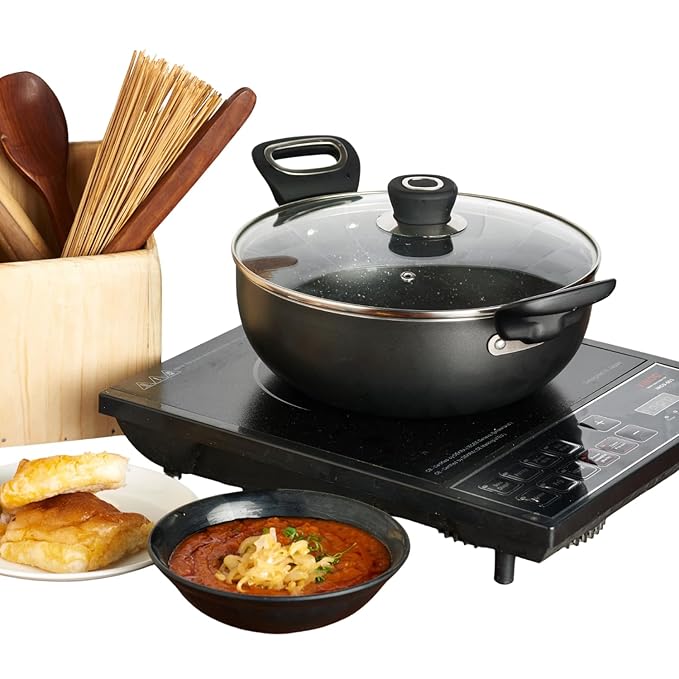 Vinod Hanos Hard Anodised Non Stick Deep Kadhai with Glass lid - 3.1 Litre, 24 cm | 3.25mm Thick | 5X Non Stick