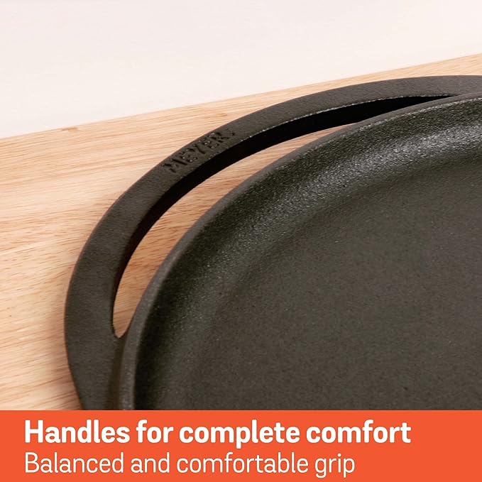 Meyer Pre-Seasoned Cast Iron Flat Tawa with 2 Side Handles 30cm Black