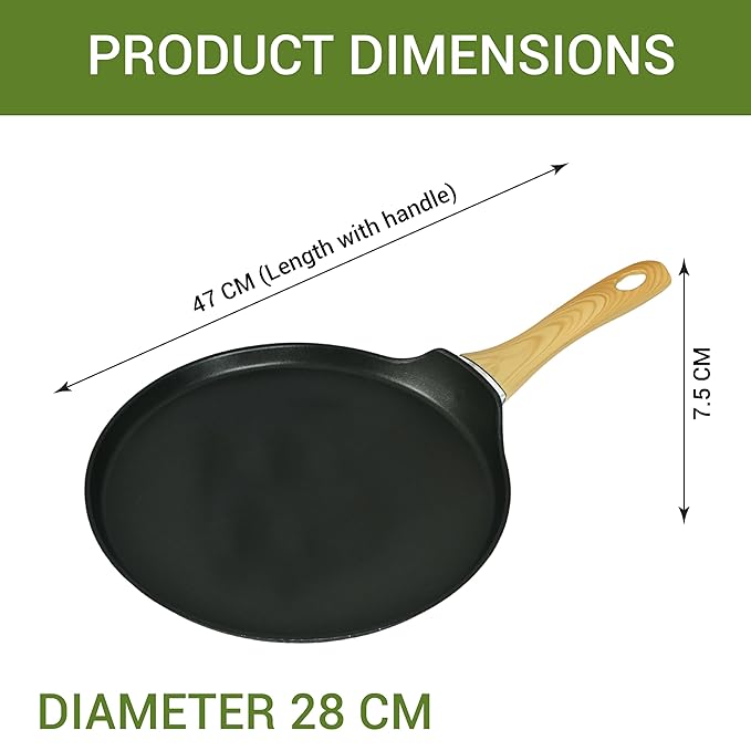 Femora Foged Die Cast Aluminium Non Stick 28 Cm Roti Tawa With Wood Finish Handle | Granite Finish | Induction & Gas Ready