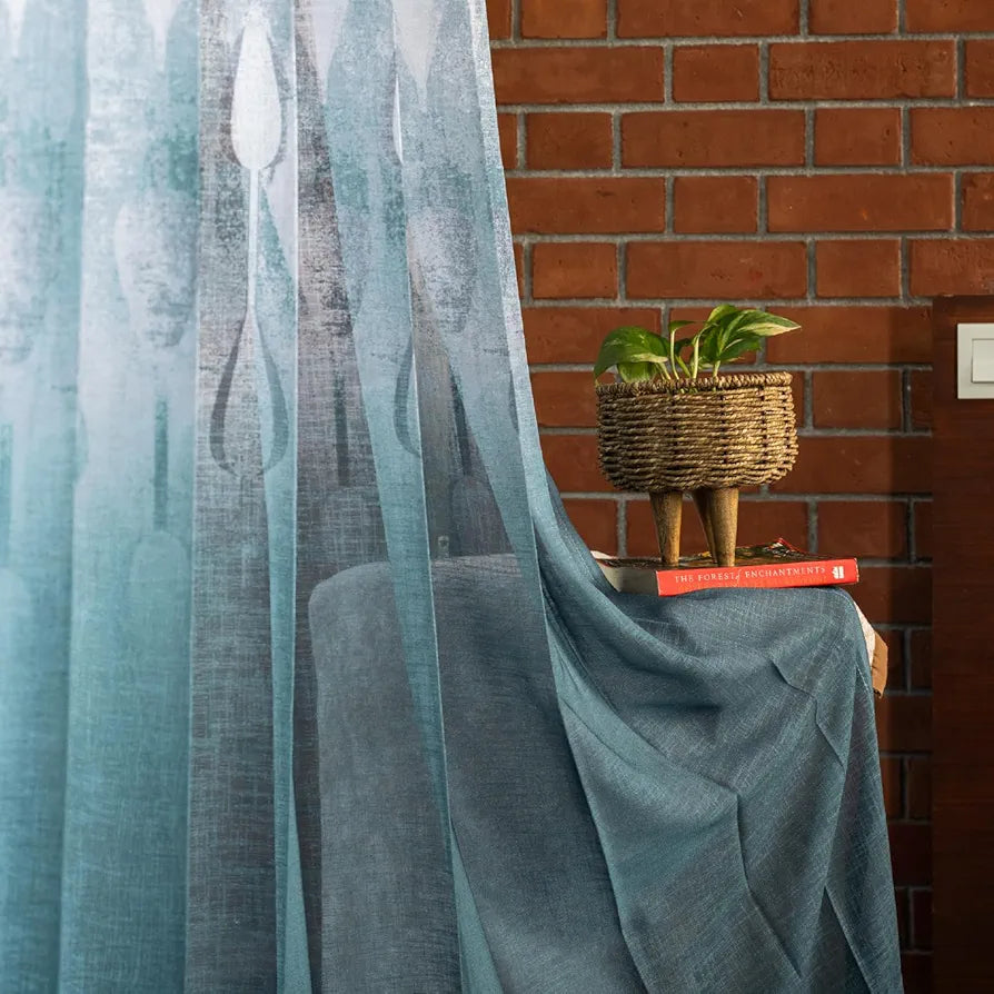 Urban Space Polyester Printed Sheer Curtains for Long Door 8 feet Light Filtering Textured Decorative Curtains with Eyelets & TieBack, Set of 2 Curtains Sea Mist Turquoise Sheer