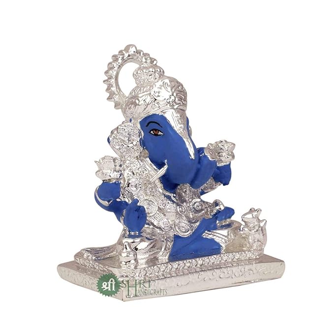 Indicast Lord Ganesha Idol Silver Plated Murti for Good Luck & Success Figurine for Office Home Decor & Gifts | Blue