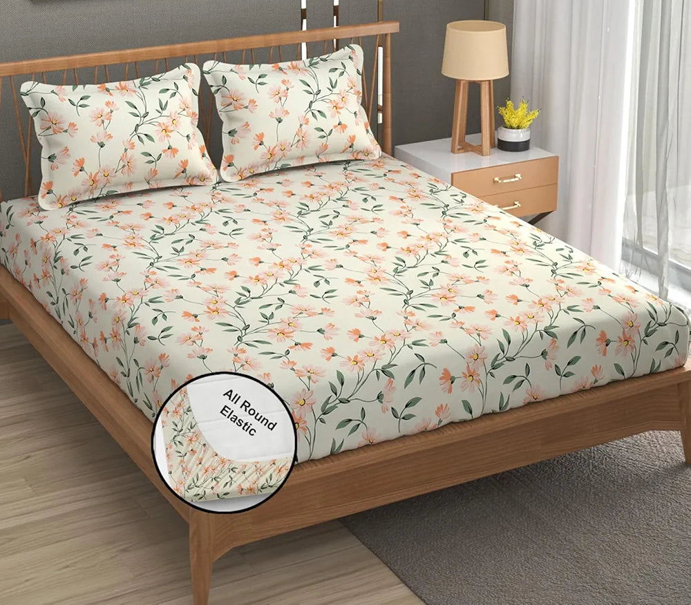 Fresh From Loom King Size Microfiber Floral Print Fitted Bedsheet 240 TC Hypoallergenic Includes 2 Pillow Covers Barely-Peach Barely-Peach