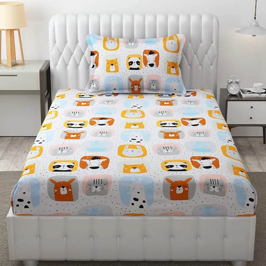 Fresh From Loom Glace Cotton Cartoon Printed Single Bedsheet Kids Bedsheet For Boys & Girls Room With One Pillow Cover 144 tc Multi-Color 1