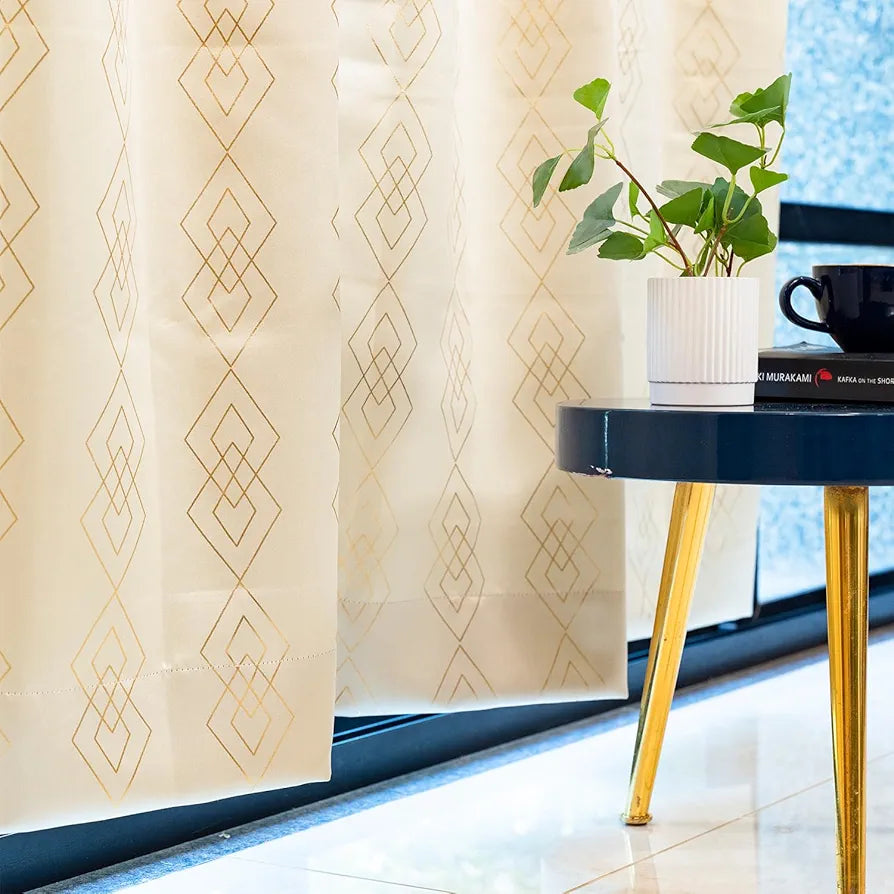 Urban Space Blackout Curtains for Living Room, Gold Foil Printed Luxurious Blackout Decorative Curtains 1 Piece Diamond Beige