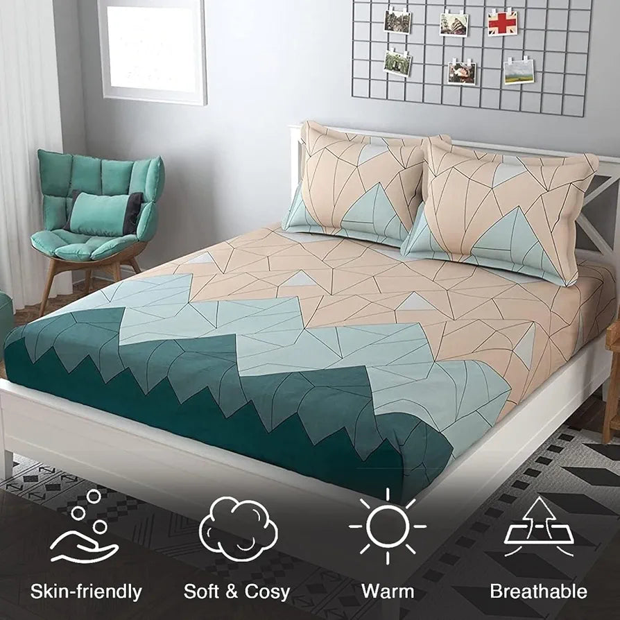 Fresh From Loom King Size Microfiber Bedsheet Set Printed with 2 Pillow Covers 144 TC Beige Green