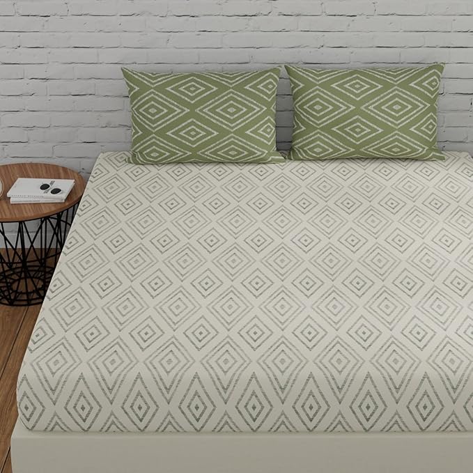 Huesland by Ahmedabad Cotton 144 TC Cotton Bedsheet for Double Bed King Size with 2 Pillow Covers | White & Sage Green