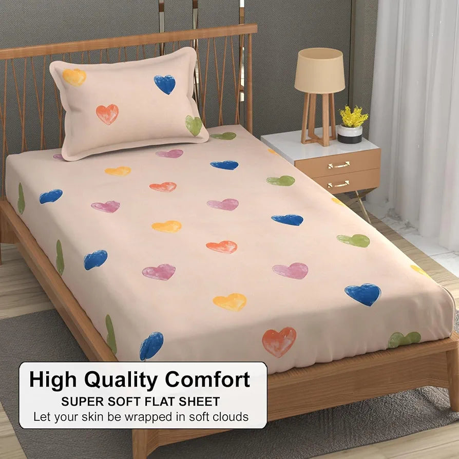 Fresh From Loom Floral Print 240 TC Single Bed Bedsheet Microfiber Anti Fade 1 Pillow Covers Heart-Brown