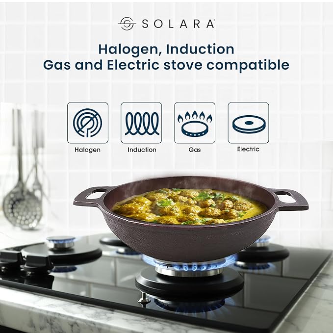 Solara Pre Seasoned Cast Iron Kadhai | 25 Cm, 2.5 Kg | Naturally Nonstick Cast Iron Kadai With Flat Handles | 2.3 Litres