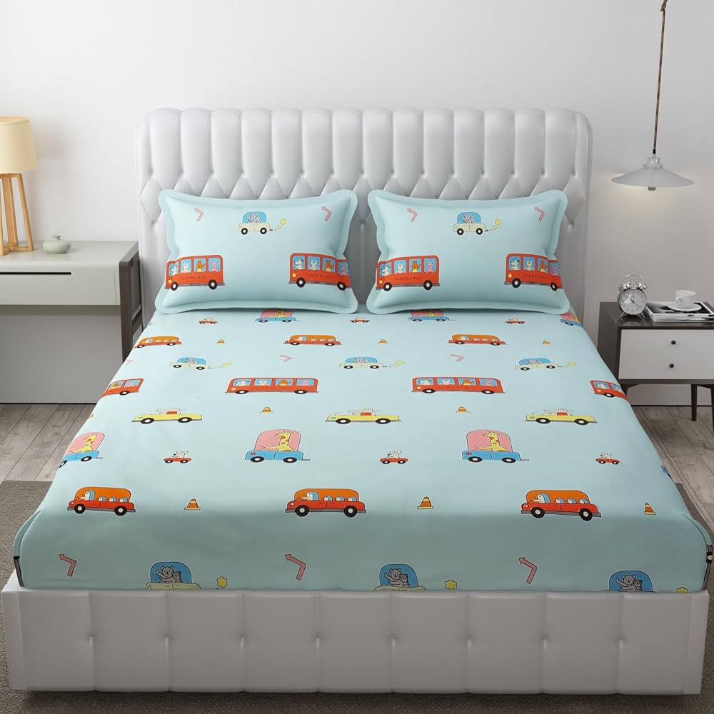Fresh From Loom Glace Cotton Bed Sheet with 2 Pillow Cover Cartoon Printed Double Bed King Size Kids Bedsheet  144 TC Aqua