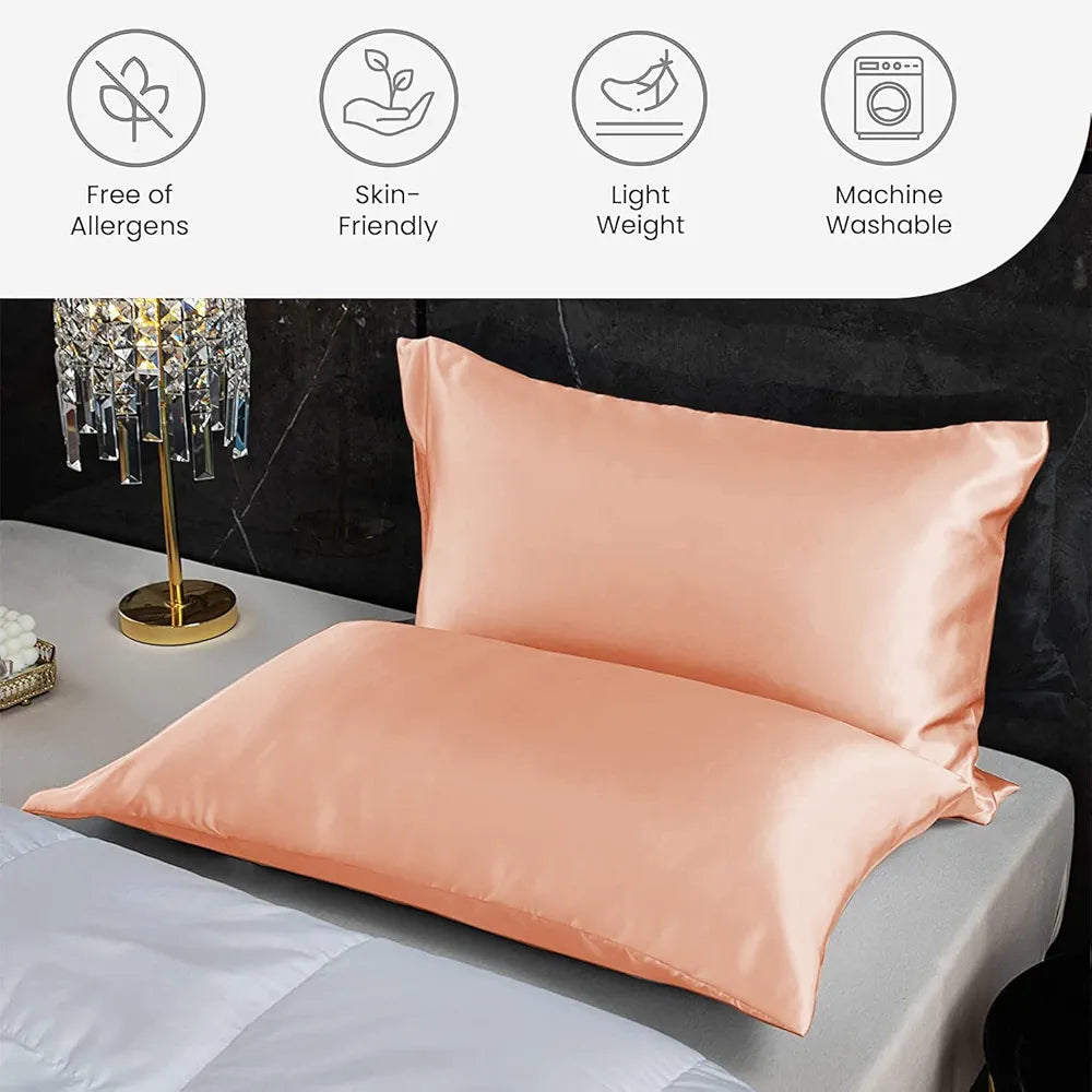 Cloth Fusion Satin Pillow Cover Set of 2 Pillow case with 3 Satin Soft Scrunchies Peach Colour