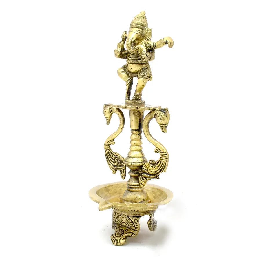 Two Moustaches Brass Dancing Ganesha Oil Diya with Base