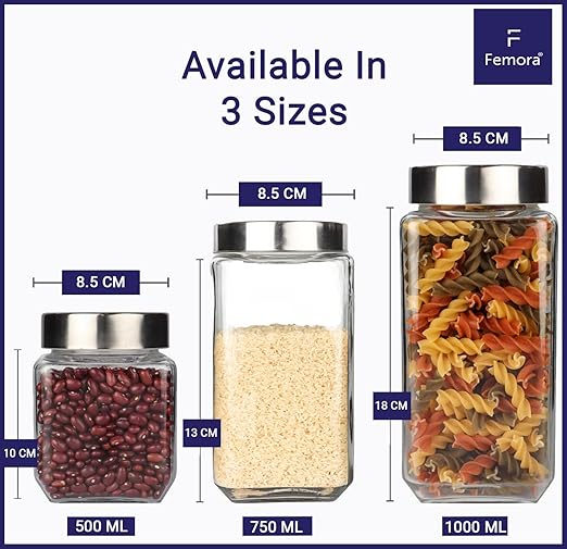 Femora Kitchen Storage Jars Borosilicate Glass With Steel Lid Air Tight Jar | 1000 Ml | Pack of 2