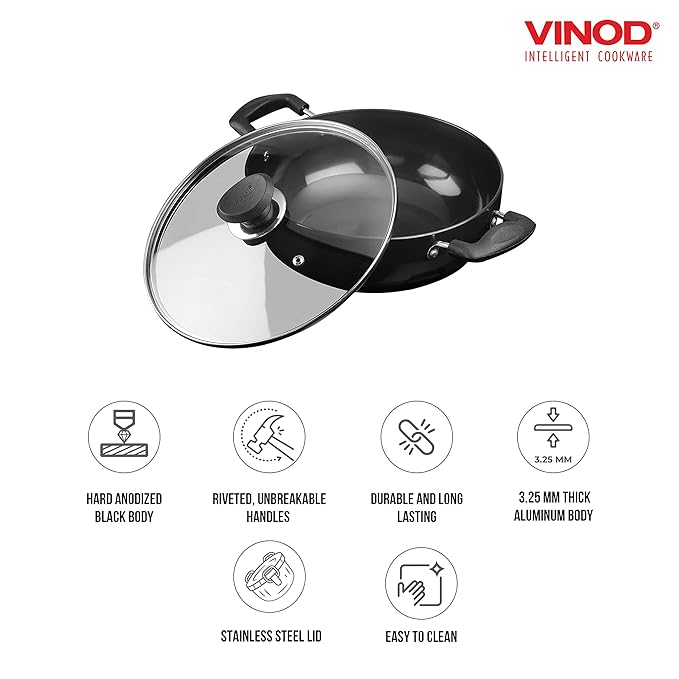 Vinod Black Pearl Hard Anodised Non Stick Deep Kadhai with Glass Lid - 3.1 LTR, 24 cm | 3.25mm Thickness | kadai for Cooking