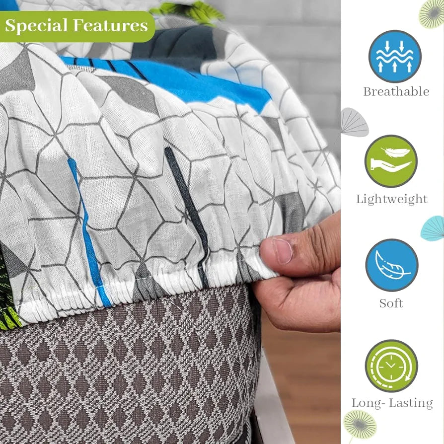 Divine Casa 144 TC 100% Cotton Floral Print White Summer Bedsheet Elastic Fitted King Size Bed Colour Blue Atoll