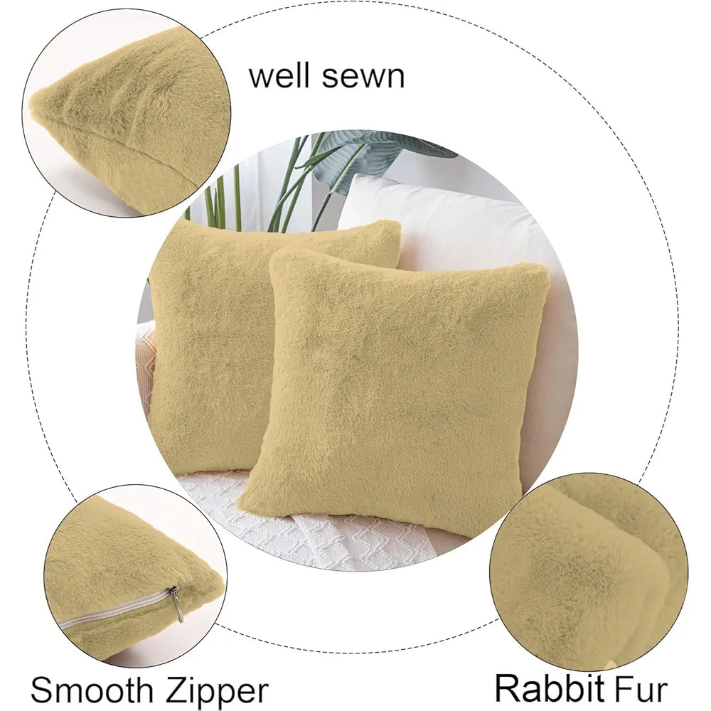 Luxe Home Cushion Cover Duble Side Rabbit Fur Plain Design Covers Set of 2 for Sofa Colour Gold