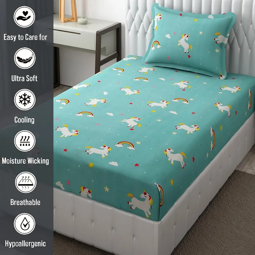 Fresh From Loom Elastic Printed Fitted Single Bed Bedsheet For Kids With One Pillow Cover Unicorn Small Single Blue 300 TC Teal