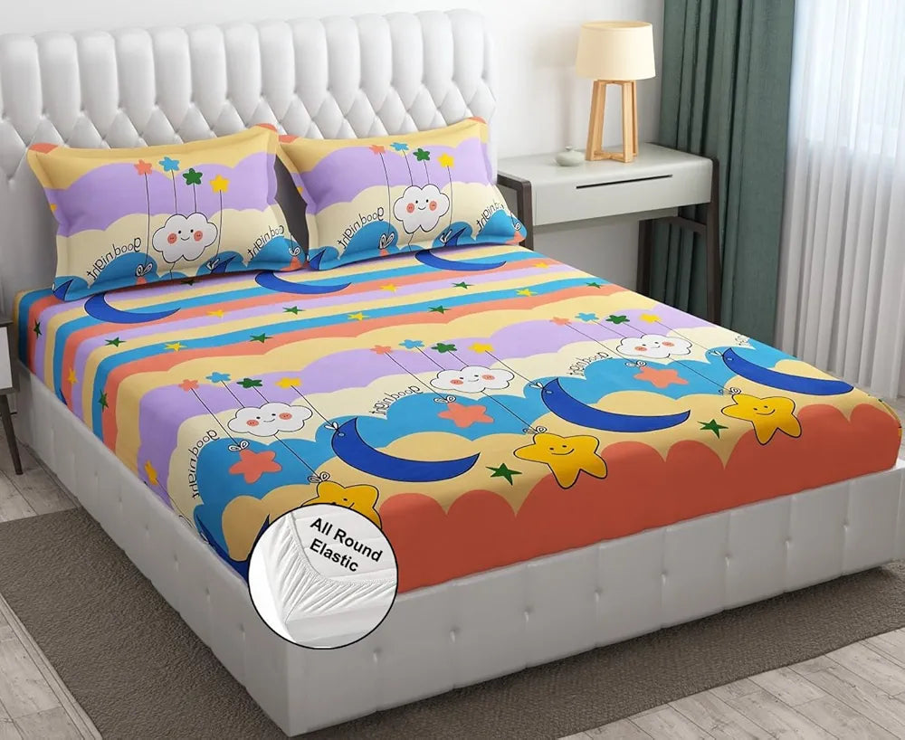 Fresh From Loom Animal 300 TC Elastic Fitted Bedsheet for Kids with Two Pillow Cover Moon Gud Night Queen Gud Night Multi Color