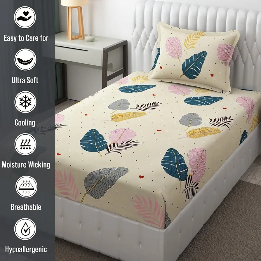 Fresh From Loom Floral Single Bedsheet Single Size Microfiber Rotary Printed with 1 Pillow Covers 144 TC Canary Yellow