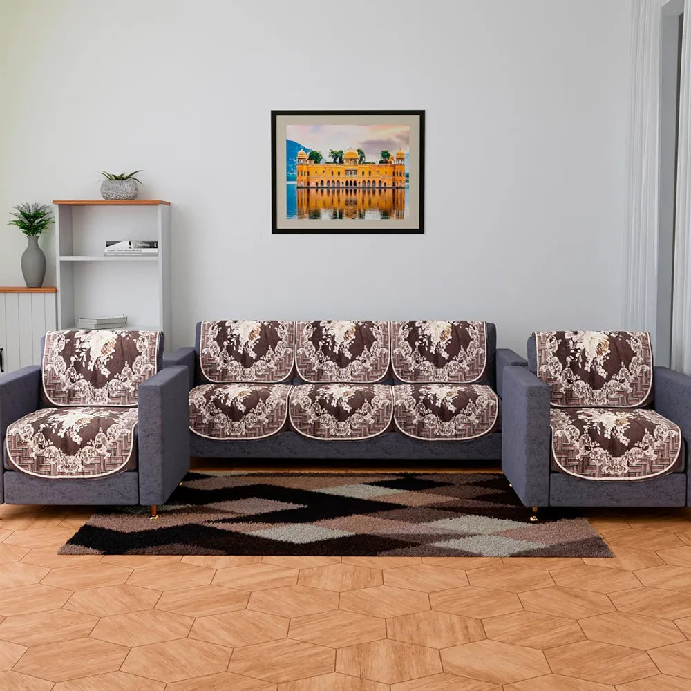 Kuber Industries Velvet Sofa Cover Set 5 Seater With Brown Check Border for Living Room Cream