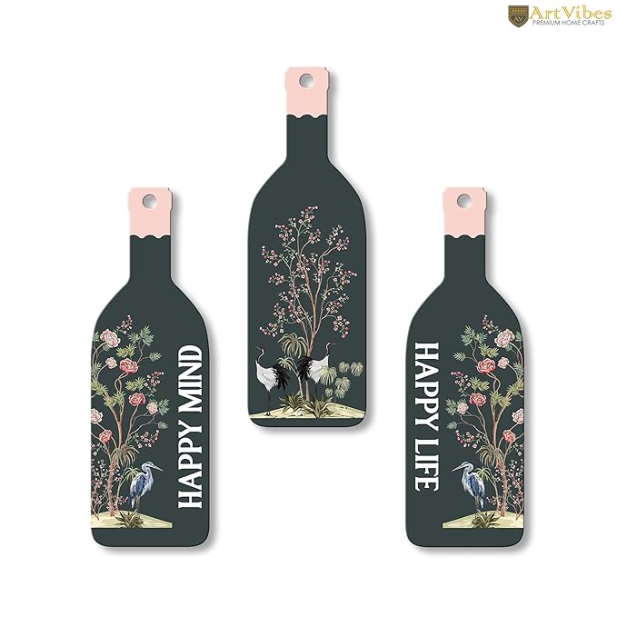 Artvibes Happy Mind Happy Life Wooden Wall Hanging for Home Decor | Decorative Mdf Wall Hanger Artwork | Set of 3